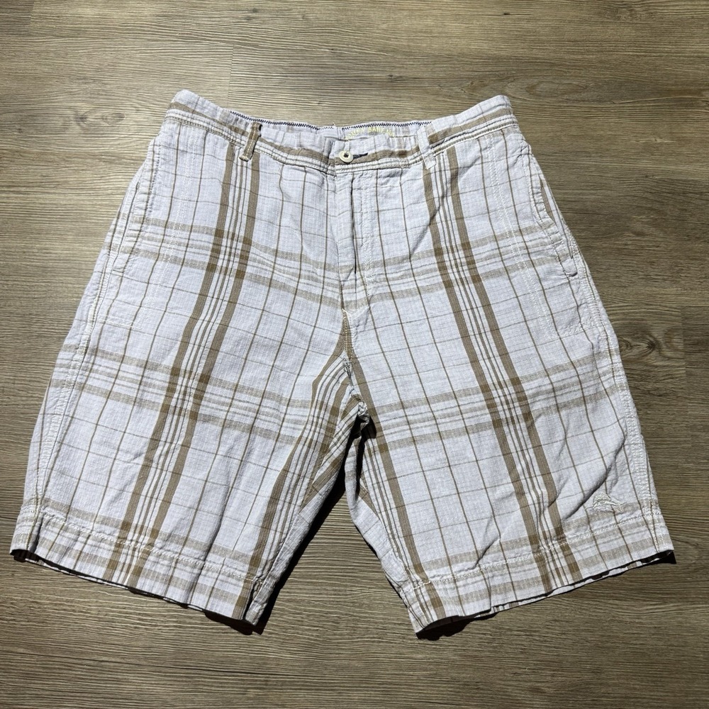 Tommy Bahama Relax Men's Linen Cotton Plaid Shorts Size 34 Beige gray Casual